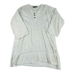 Double Decker Cover Up Tunic Top White Sequin Boho Shirt Size OS